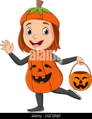 Cartoon ragazza con costume di zucca halloween che tiene il cestino della zucca Illustrazione Vettoriale