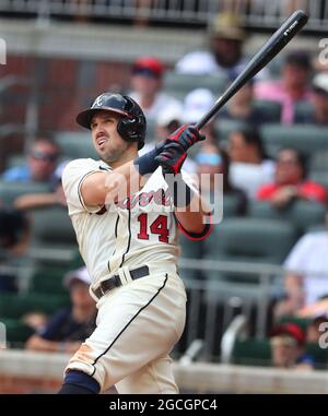 Atlanta, Stati Uniti. 8 agosto 2021. Adam Duvall, outfielder di Atlanta Braves, si è schierato a casa con 2 RBI per assumere un vantaggio di 5-1 sui Washington Nationals durante il sesto inning di domenica 8 agosto 2021 ad Atlanta. (Foto di Curtis Compton/Atlanta Journal-Constitution/TNS/Sipa USA) Credit: Sipa USA/Alamy Live News Foto Stock