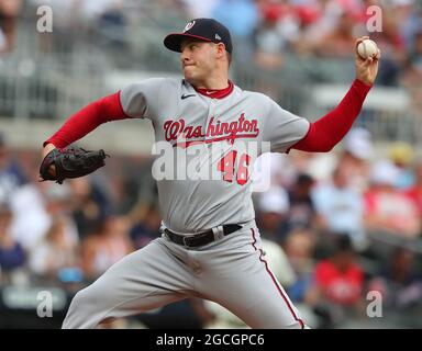 Atlanta, Stati Uniti. 8 agosto 2021. Washington Nationals lanciatore Patrick Corbin consegna contro gli Atlanta Braves durante il primo inning Domenica 8 agosto 2021, ad Atlanta. (Foto di Curtis Compton/Atlanta Journal-Constitution/TNS/Sipa USA) Credit: Sipa USA/Alamy Live News Foto Stock