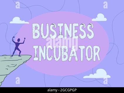 Didascalia concettuale incubatore aziendale. Parola per l'azienda che aiuta le aziende nuove e startup a sviluppare l'illustrazione dell'uomo atletico montagna orgogliosa di Foto Stock