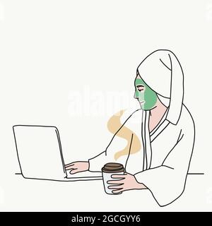 Donna lavora da casa utilizzando un computer portatile durante il trattamento di bellezza illustrazione vettoriale Illustrazione Vettoriale