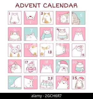 Sfondo quadrato con calendario dell'avvento di Natale con simpatici gatti cartoon. Set di tags natalizi invernali con numeri. EPS8 vettore Illustrazione Vettoriale