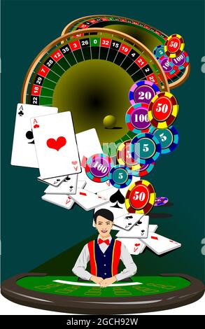 Tavolo da roulette ed elementi del casinò con immagine più croupier. Illustrazione vettoriale 3d Illustrazione Vettoriale