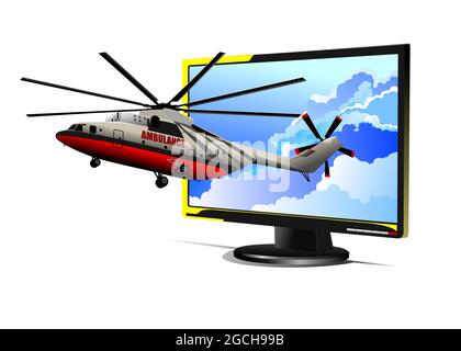 Monitor Astract Flat computer con elicottero ambulanza. Display. illustrazione 3d Illustrazione Vettoriale