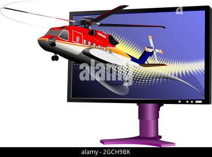 Monitor Astract Flat computer con elicottero ambulanza. Display. illustrazione 3d Illustrazione Vettoriale