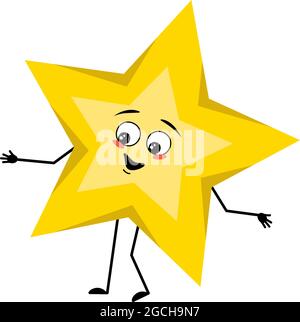 Carino personaggio stella con emozioni gioiose, volto sorridente, occhi felici, braccia e gambe. Simbolo dello spazio e del tempo con espressione gentile Illustrazione Vettoriale
