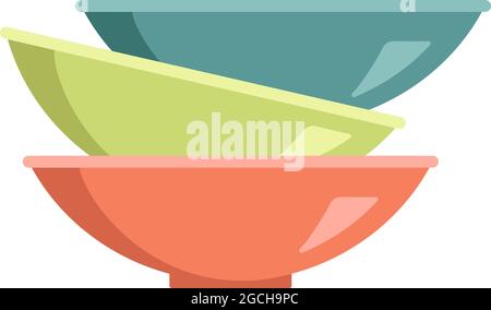 Un set di piatti multicolore che si eravano l'uno sopra l'altro. Mucchio di ciotole vuote, piatti per zuppe Illustrazione Vettoriale