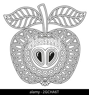 Pagina di libro vettoriale per adulti da colorare in bianco e nero. Contornate la frutta di mela in stile mandala Illustrazione Vettoriale