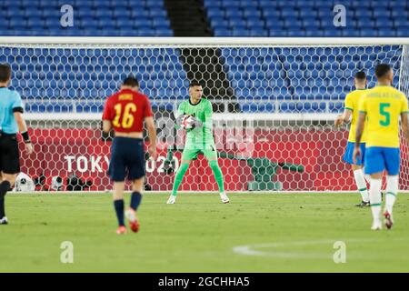 Yokohama, Giappone. 7 agosto 2021. Santos (BRA) Calcio : Tokyo 2020 Giochi Olimpici Calcio maschile medaglia d'oro tra il Brasile 2-1 Spagna allo Stadio Internazionale Yokohama di Yokohama, Giappone . Credit: Mutsu Kawamori/AFLO/Alamy Live News Foto Stock