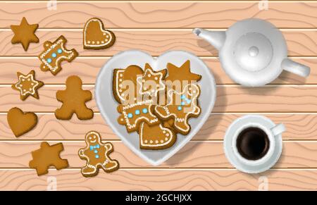 Biscotti di pan di zenzero, caffè su tavola di legno, illustrazione vettoriale. Biscotto allo zenzero, dolce tradizionale natalizio Illustrazione Vettoriale