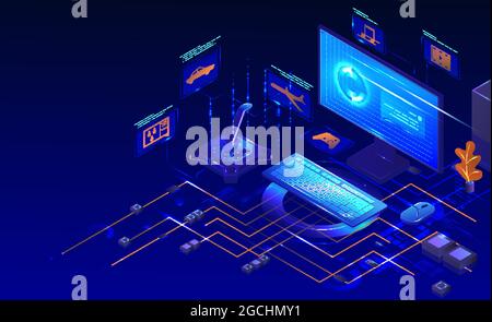 Set per giochi per computer. Monitor isometrico per computer desktop, tastiera, mouse, controller di gioco. Accessori per giochi per PC, Vector Illustrazione Vettoriale