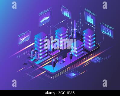 Edifici isometrici al neon leggero, coppia utilizzando tablet sullo schermo dello smartphone, illustrazione vettoriale. Tecnologia intelligente per le città. Illustrazione Vettoriale
