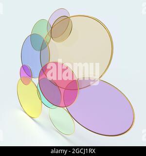Cerchi in vetro colorati, vista prospettica. Sfondo geometrico astratto alla moda, bello per lo sfondo del telefono cellulare, rappresentazione grafica 3d. Foto Stock