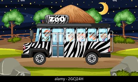 Safari di notte con molti bambini in un'illustrazione dell'autobus Illustrazione Vettoriale