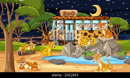 Safari nella scena notturna con molti bambini che guardano l'illustrazione di gruppo di leopard Illustrazione Vettoriale