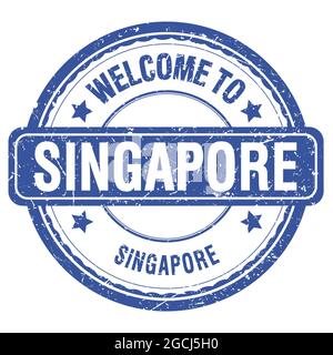 BENVENUTI A SINGAPORE - SINGAPORE, parole scritte su un francobollo blu Foto Stock