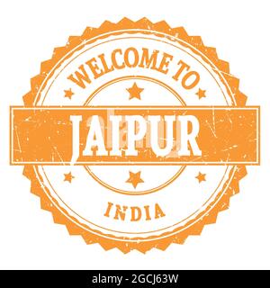 BENVENUTI in JAIPUR - INDIA, parole scritte sul francobollo zig-zag rotondo arancione Foto Stock