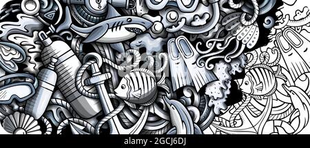 Diving mano tirata doodle banner. Volantino dettagliato del vettore cartoon. Illustrazione Vettoriale