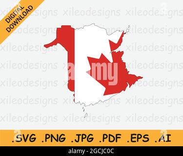 Nuova mappa di Brunswick sulla bandiera canadese. NB, Mappa della provincia della CA sulla bandiera del Canada. Icona Clipart grafica vettoriale EPS Illustrazione Vettoriale