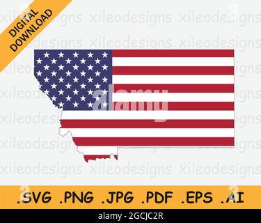 Montana Mappa sulla bandiera americana. MT, USA mappa di stato sulla bandiera degli Stati Uniti. Icona Clipart grafica vettoriale EPS Illustrazione Vettoriale