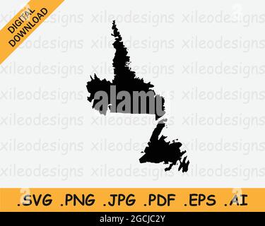 Terranova e Labrador Canada Mappa Silhouette Nero. NL, Canadian Province Shape Geografia Atlas Border Boundary. Mappa nera isolata su una schiena bianca Illustrazione Vettoriale
