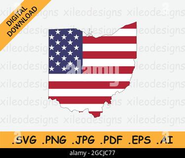 Mappa dell'Ohio sulla bandiera americana. OH, mappa di stato degli Stati Uniti sulla bandiera degli Stati Uniti. Icona Clipart grafica vettoriale EPS Illustrazione Vettoriale
