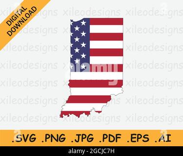 Mappa dell'Indiana sulla bandiera americana. IN, mappa di stato degli Stati Uniti sulla bandiera degli Stati Uniti. Icona Clipart grafica vettoriale EPS Illustrazione Vettoriale