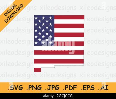 Mappa del nuovo Messico sulla bandiera americana. NM, mappa dello stato degli Stati Uniti sulla bandiera degli Stati Uniti. Icona Clipart grafica vettoriale EPS Illustrazione Vettoriale
