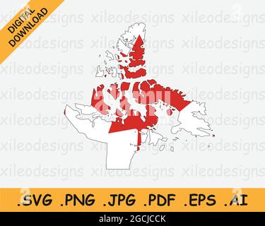 Mappa di Nunavut sulla bandiera canadese. NU, CA Mappa del territorio sulla bandiera del Canada. Icona Clipart grafica vettoriale EPS Illustrazione Vettoriale