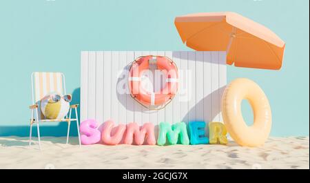Floats segno con la parola ESTATE e accessori spiaggia. Concetto di vacanza estiva. rendering 3d Foto Stock