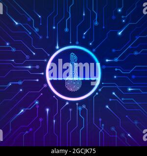 Scansione delle impronte digitali. Concetto di sicurezza informatica. Impronta digitale a forma di chiave con sfondo del circuito. Tecnologia di sicurezza a criptovaluta. Futurista dell'autorizzazione Illustrazione Vettoriale