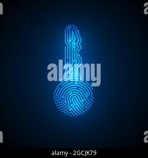 Impronta digitale a forma di chiave con sfondo del circuito. Concetto di id di sicurezza informatica. Tecnologia di sicurezza a criptovaluta. Sistema futuristico di autorizzazione. Vect Illustrazione Vettoriale