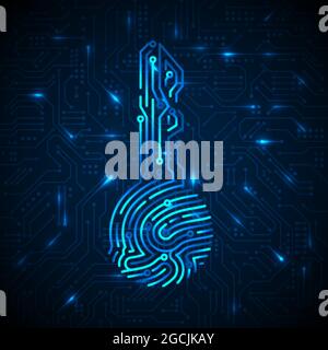 Concetto di sicurezza informatica. Impronta digitale a forma di chiave con sfondo del circuito. Tecnologia di sicurezza a criptovaluta. Sistema futuristico di autorizzazione. Vettore Illustrazione Vettoriale