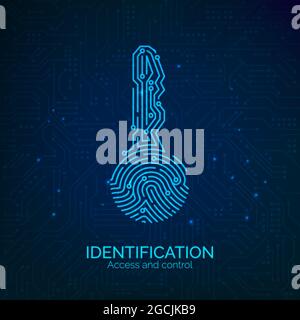 Lettore di impronte digitali con chiave a circuito. Eseguire la scansione della verifica e dell'identificazione elettronica del contrassegno biometrico. Illustrazione vettoriale Illustrazione Vettoriale