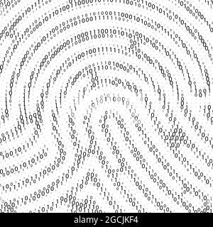 Codice binario per forma impronta digitale. Tecnologia di sicurezza informatica. Informazioni di verifica digitale. Cifre nere su sfondo bianco. Illustrazione vettoriale Illustrazione Vettoriale