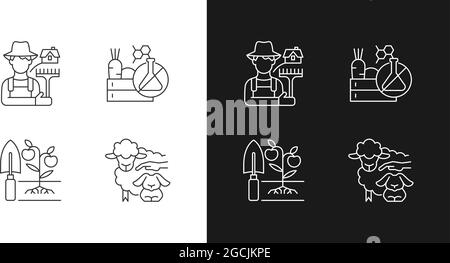 Icone lineari per agricoltura e agricoltura impostate per la modalità chiara e scura Illustrazione Vettoriale