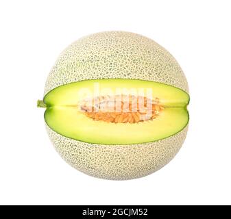 Vista dall'alto delle fette di melone di Cantaloupe isolate su sfondo bianco. Foto Stock