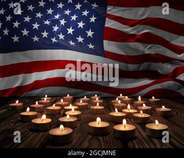 Mourning candele che bruciano sulla bandiera nazionale degli Stati Uniti di background. Memorial weekend, patriota veterani giorno, National Day of Service Remembrance. Bruciare la band Foto Stock