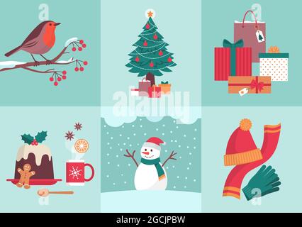 Set di icone per la stagione invernale e le feste natalizie, tema per le vacanze invernali e lo stile di vita Illustrazione Vettoriale