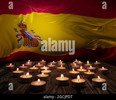 Mourning candele che bruciano sulla bandiera nazionale della Spagna di background. Memorial weekend, patriota veterani giorno, National Day of Service Remembrance. Bruciare ca Foto Stock