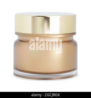 Vasetto di polvere cosmetica. Flacone crema viso, scatola per mackup. Vaso realistico in vetro lucido con coperchio in metallo lucido dorato. Tubo per scrub corpo, bottiglia di crema rotonda Illustrazione Vettoriale