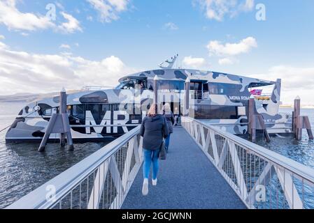 La Mona Roma, traghetto a doppio scafo, MR-1 che porta passeggeri al Museum of Old and New Art (MONA) sul fiume Derwent, Hobart, Tasmania, Australia Foto Stock