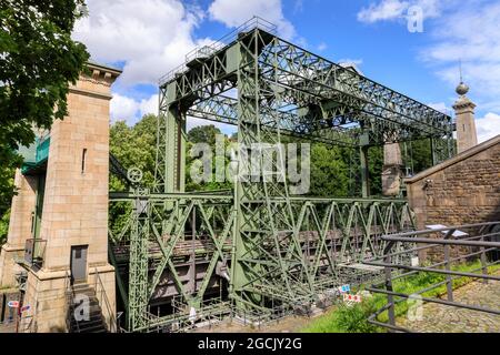 Schiffshebewerk, Hendichenburg Old Boat Lift, sito del patrimonio industriale sul canale Dortmund EMS, Waltrop, Nord Reno-Westfalia, Germania Foto Stock