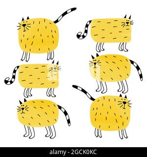 Divertenti gatti di doodle. Cartoon cute animali in mano disegnare stile. Illustrazioni gialle brillanti per la progettazione di loghi, emblemi, etichette, segni. Mascotte cool Illustrazione Vettoriale