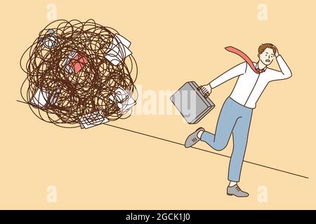 Concetto di stress, sovraccarico, burnout al lavoro. Giovane sottolineato uomo d'affari lavoratore cartoon carattere che corre via dal caotico e disordinato cerchio di compiti illustrazione vettoriale Illustrazione Vettoriale