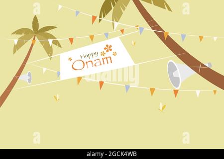 Onam Festival saluti stampati su un banner legato tra due palme da cocco. Onam è un festival tradizionale in Kerala, India Illustrazione Vettoriale