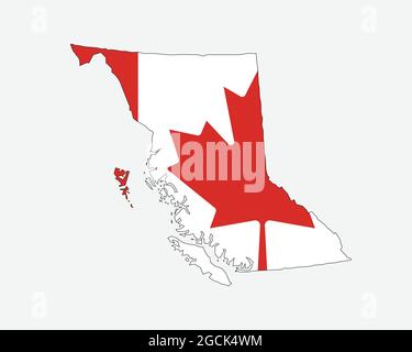 British Columbia Mappa sulla bandiera canadese. BC, CA Mappa della provincia sulla bandiera del Canada. Icona Clipart grafica vettoriale EPS Illustrazione Vettoriale