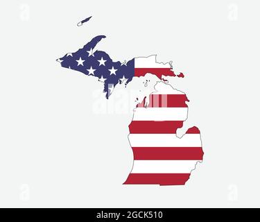 Mappa del Michigan sulla bandiera americana. MI, USA Mappa di Stato sulla bandiera degli Stati Uniti. Icona Clipart grafica vettoriale EPS Illustrazione Vettoriale