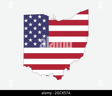Mappa dell'Ohio sulla bandiera americana. OH, mappa di stato degli Stati Uniti sulla bandiera degli Stati Uniti. Icona Clipart grafica vettoriale EPS Illustrazione Vettoriale