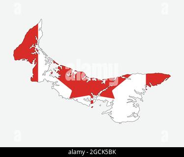 Mappa dell'isola di Prince Edward sulla bandiera canadese. Mappa della provincia di PE, CA sulla bandiera del Canada. Icona Clipart grafica vettoriale EPS Illustrazione Vettoriale